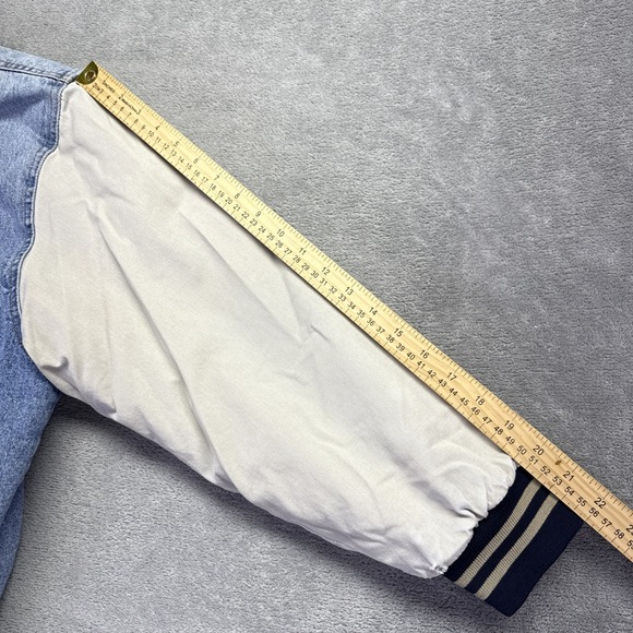 Vintage 90s Denim Varsity Bomber Jacket Large Tan Sleeves Quilt Lined Stone Wash - Picture 9 of 10